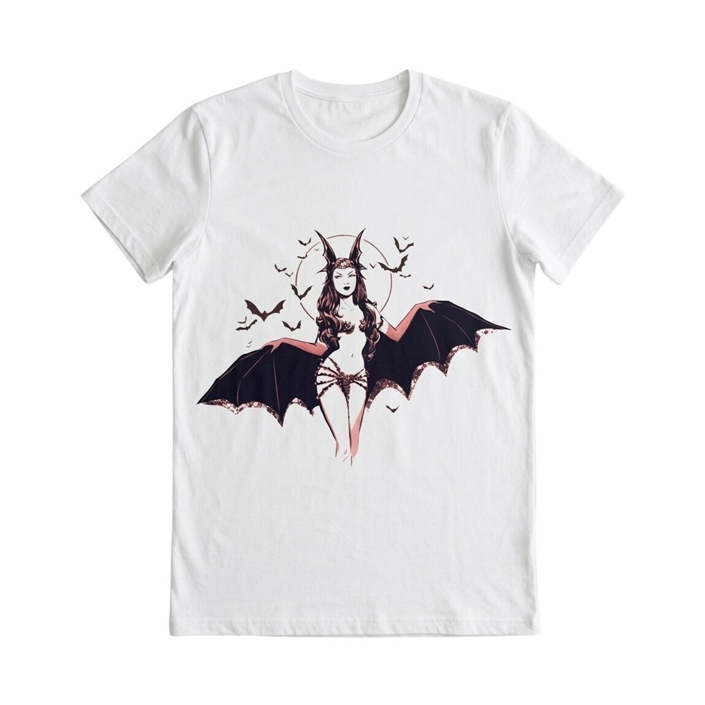 Gothic Bat Wing Succubus Graphic Tee White Cotton Short Sleeve T-Shirt Small